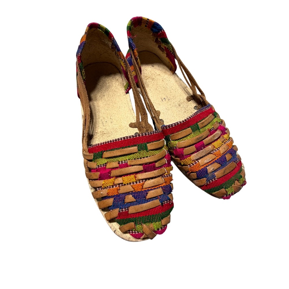 Handmade Mexican Huarache Sandals Kids Size 34 Multi Color Woven Leather Flats